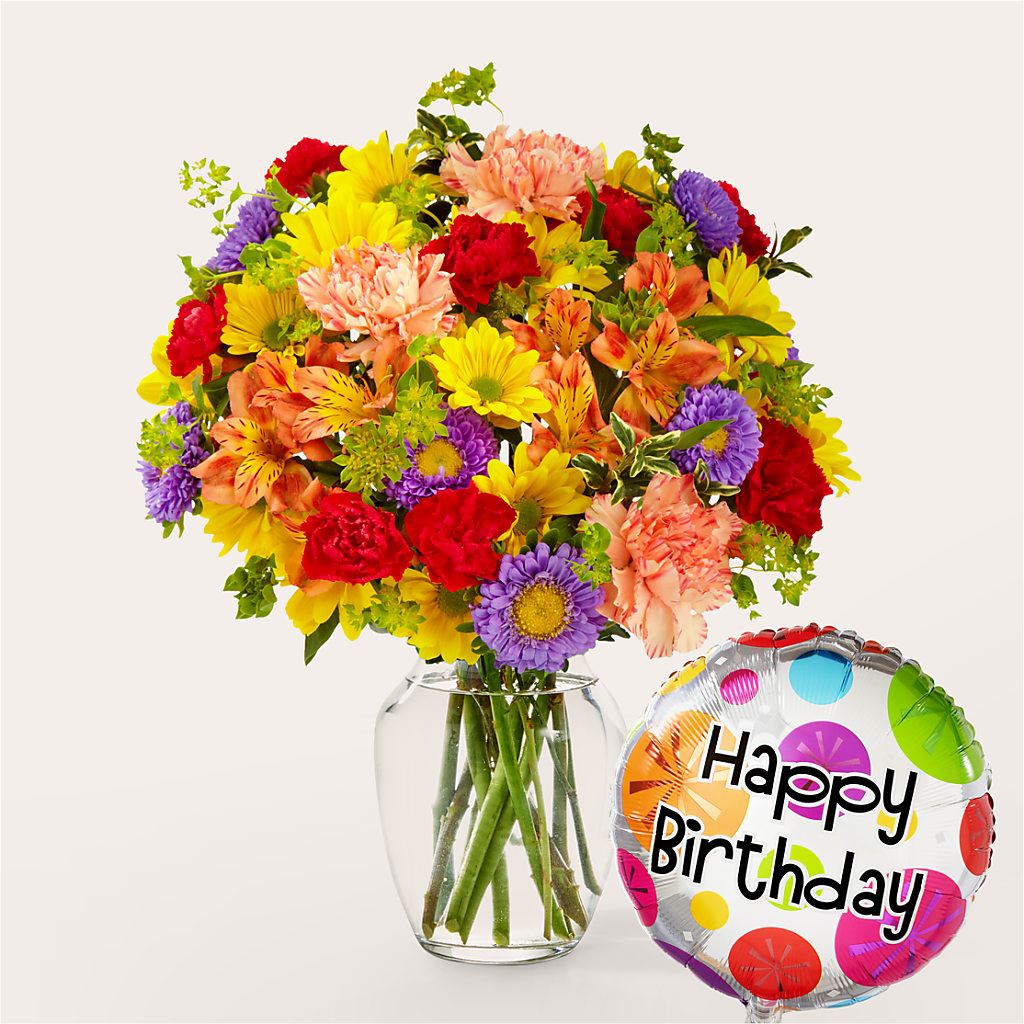 Kaleidoscope Bouquet with Birthday Balloon – HONEY BEES FLORAL & MORE, Lucedale MS