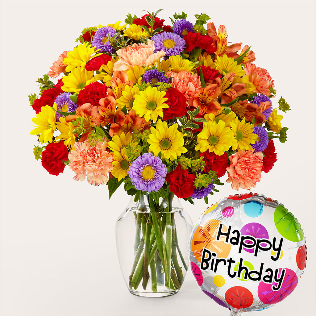 Kaleidoscope Bouquet with Birthday Balloon – HONEY BEES FLORAL & MORE, Lucedale MS