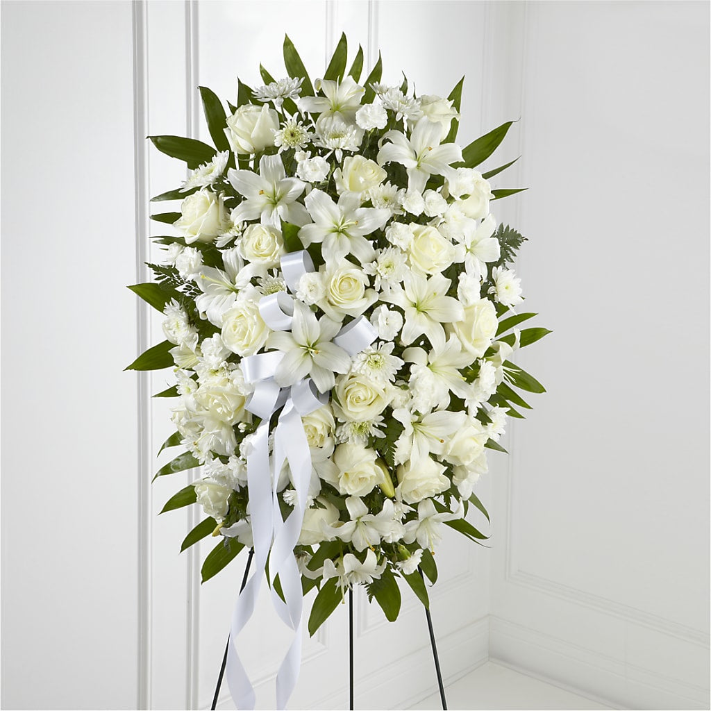 Exquisite Tribute Standing Spray-White Ribbon – HONEY BEES FLORAL & MORE, Lucedale MS