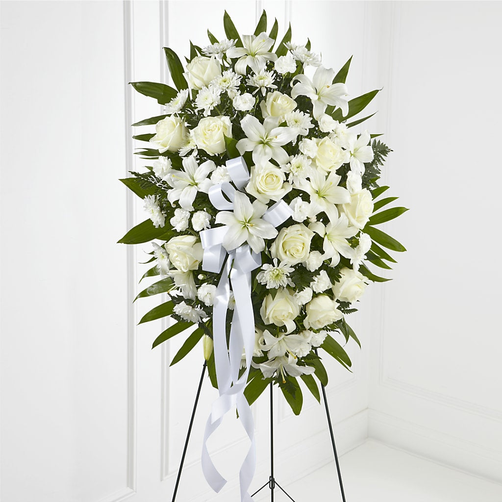 Exquisite Tribute Standing Spray-White Ribbon – HONEY BEES FLORAL & MORE, Lucedale MS